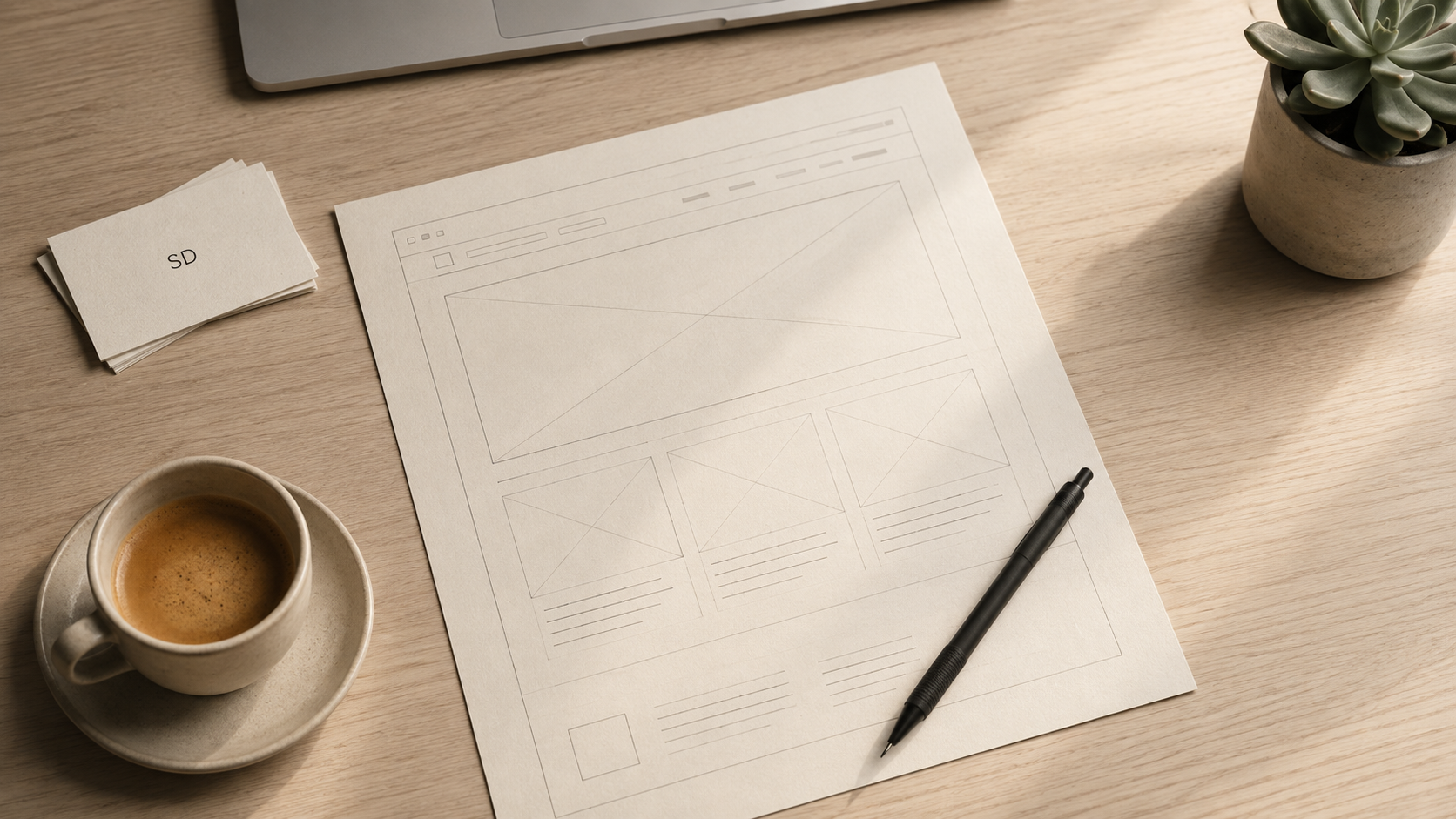 Architect workspace with wireframe blueprint, mechanical pencil, and espresso on a light ash desk